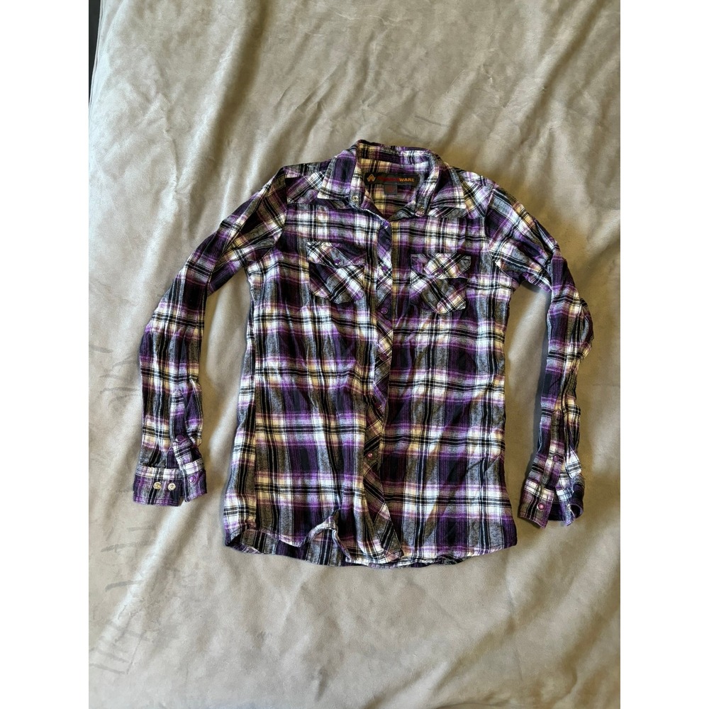 Americaware Purple Plaid Flannel Button Down Shirt Womens Small Cotton